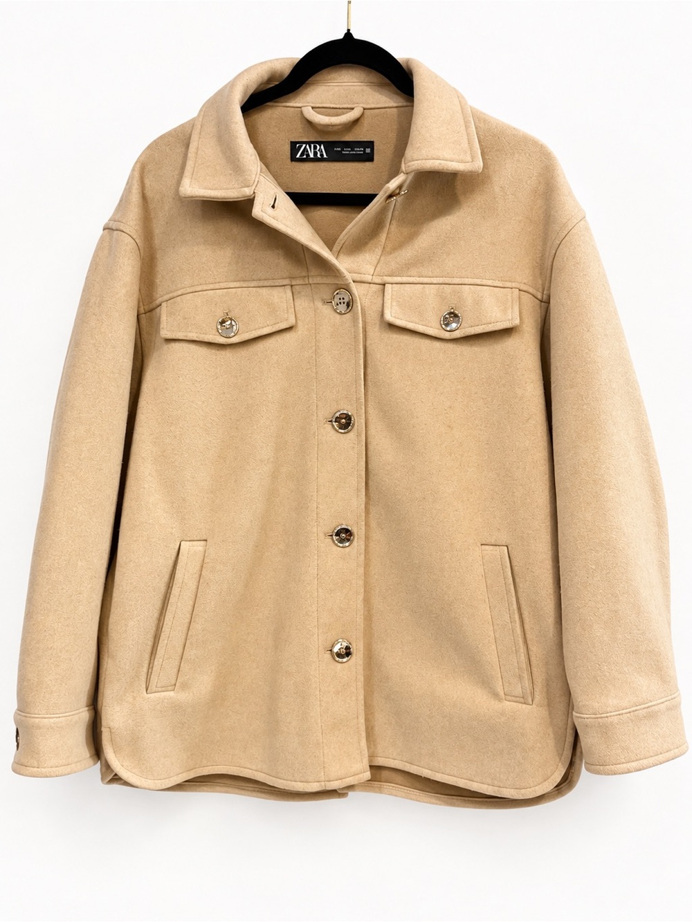 ZARA Women’s Beige Camel Tan Oversized Shirt Jacket Shacket Gold Buttons Size L